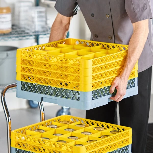 Noble Warewashing 16-Compartment Gray Full-Size Glass Rack with 4 Yellow Extenders