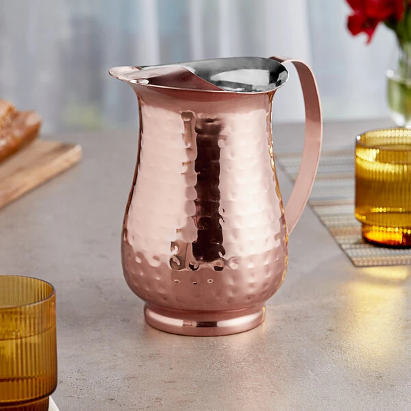 Acopa 64 oz. Hammered Copper Stainless Steel Slender Bell Pitcher with Ice Guard