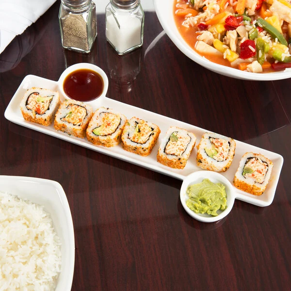 American Metalcraft Prestige PORS136 - 13" x 6" Porcelain Tray with Sauce Cups