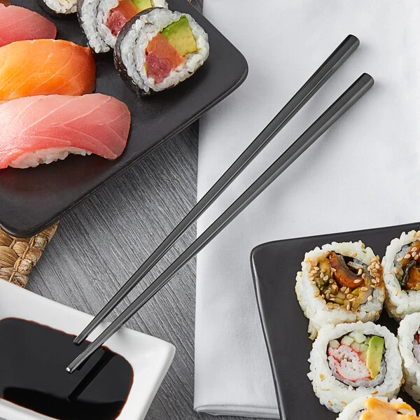 Acopa Heika 9" Black 18/8 Stainless Steel Extra Heavy Weight Chopstick Set - 12/Pack