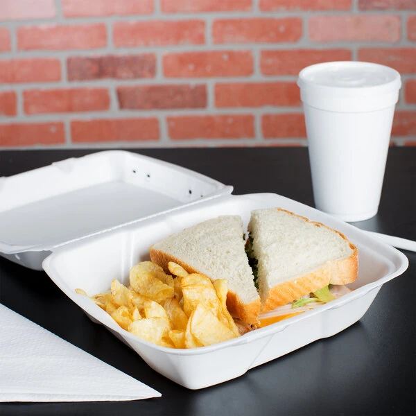 Dart 90HTPF1VR 9" x 9" x 3" White Foam Square Vented Take Out Container with Perforated Hinged Lid - 200/Case