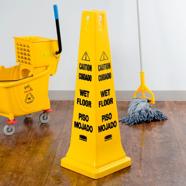 Rubbermaid® FG627677YEL 36" Yellow Bilingual Caution Wet Floor Cone-Shaped Sign