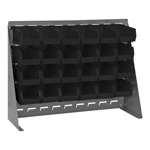 Quantum 27 3/4" x 8" x 21" Gray Steel Bench Rack with (24) 7 3/8" x 4 1/8" x 3" Black Bins QBR-2721-220-24BK
