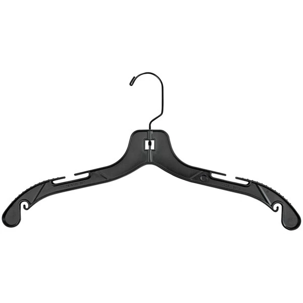 17" Black Plastic Middle Heavy-Weight Shirt Hanger with Black Hook and Molded Rubber Grippers - 100/Pack