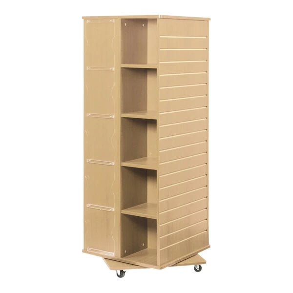 23 1/2" x 23 1/2" x 63" Maple Laminated Wood Mobile Slatwall and Cube Rotating Display Merchandiser