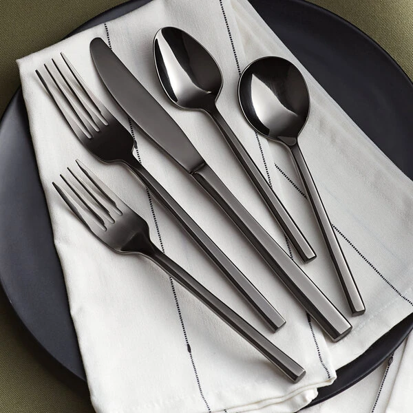 Acopa Phoenix Black 18/0 Stainless Steel Forged Flatware 5-Piece Set - Sample