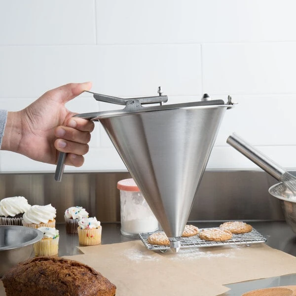 Matfer Bourgeat 258825 2 Qt. (64 oz.) Stainless Steel Confectionery Dispenser Funnel with 3-Piece Nozzle Set