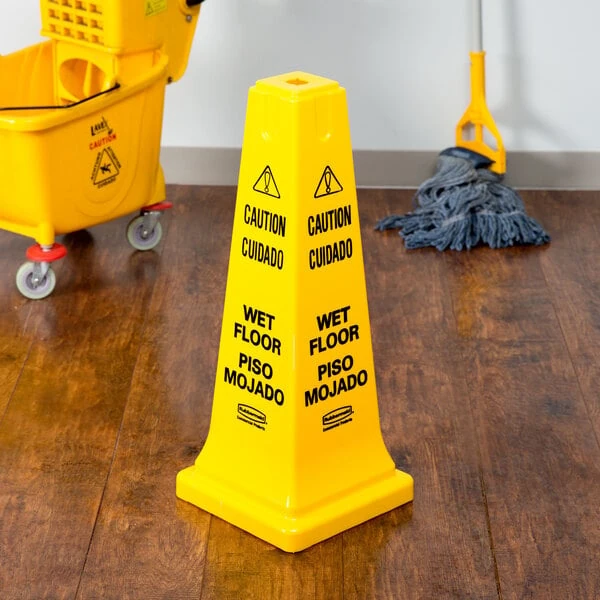 Rubbermaid® FG627777YEL 25 3/4" Yellow Bilingual Caution Wet Floor Cone-Shaped Sign
