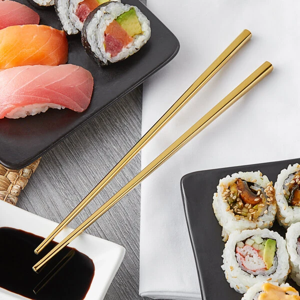 Acopa Heika 9" Gold 18/8 Stainless Steel Extra Heavy Weight Chopstick Set - 12/Pack