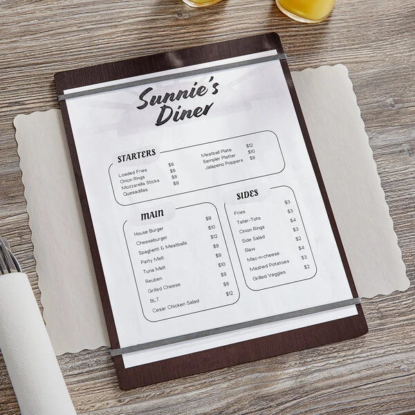 Choice 9" x 12 1/2" Customizable Dark Wood Color Menu Holder / Presenter with Straps