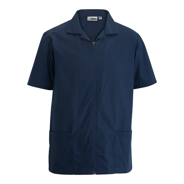Edwards 4891 Men's Customizable Vintage Navy Essential Full-Zip Service / Housekeeping Shirt - Poly / Cotton Blend - Small