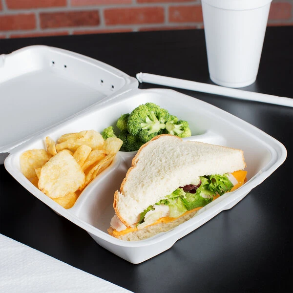 Dart 90HTPF3VR 9" x 9" x 3" White Foam Square Vented 3 Compartment Take Out Container with Perforated Hinged Lid - 200/Case
