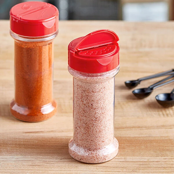 7 oz. Round Plastic Spice Container and 53/485 Red Induction-Lined Dual Flapper Lid with 13 Holes - 300/Case