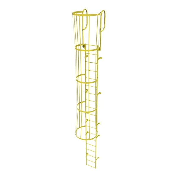 Tri-Arc 19-Rung Yellow Steel Fixed Ladder with Safety Cage and Walk-Thru Guardrails WLFC1219-Y - 350 lb. Capacity