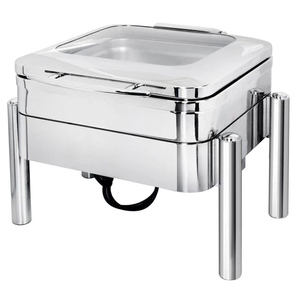 Eastern Tabletop 3977GS Jazz Swing 4 Qt. Stainless Steel Square Chafer with Pillar'd Stand and Hinged Glass Dome Cover