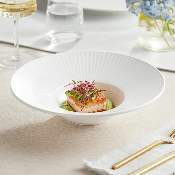 Acopa Cordelia 8 oz. Bright White Embossed Wide Rim Porcelain Gourmet Bowl - 12/Case