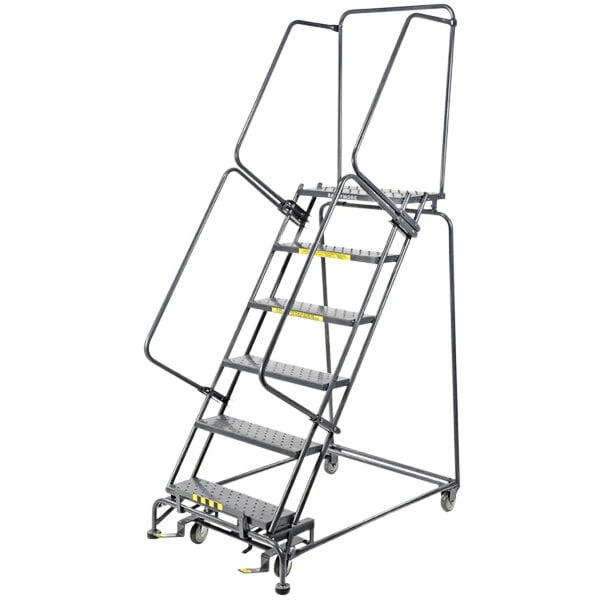 Ballymore M-2000 Series 5-Step Gray Steel Rolling Safety Ladder with Serrated Tread, 16" Wide Steps, and 14" Deep Top Step 052414G - 450 lb. Capacity
