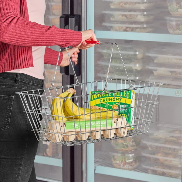 Regency 17 3/4" x 12 3/4" x 7 1/2" Chrome Grocery Shopping Basket with Red Handles