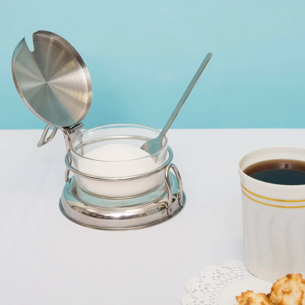 TableCraft 357 6 oz. Glass Condiment Jar with Holder, Lid & Spoon
