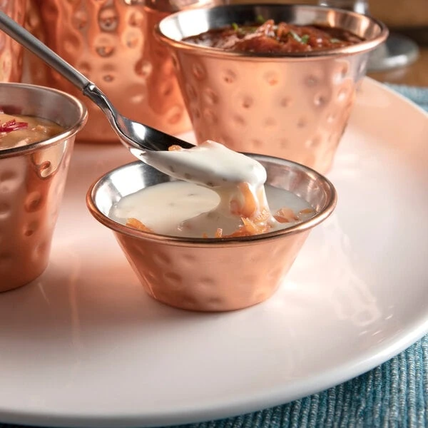 Choice 1.5 oz. Hammered Copper-Plated Stainless Steel Round Sauce Cup - 12/Pack