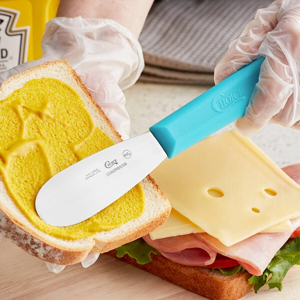 Choice 3 1/2" Smooth Stainless Steel Sandwich Spreader with Neon Blue Polypropylene Handle