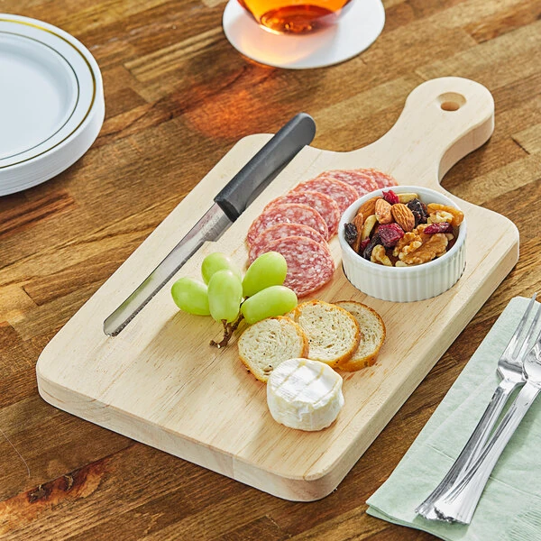 Choice 9 1/2" x 7 1/2" Wooden Serving / Cutting Board with Ramekin Insert, Knife Slot, and 4" Handle
