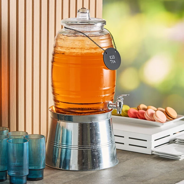 Acopa 2.5 Gallon Barrel Glass Beverage Dispenser with Chalkboard Sign and Metal Stand