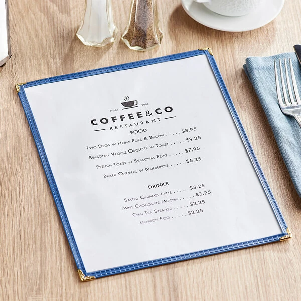 Choice 8 1/2" x 11" Blue 2-View Single Pocket Menu Cover
