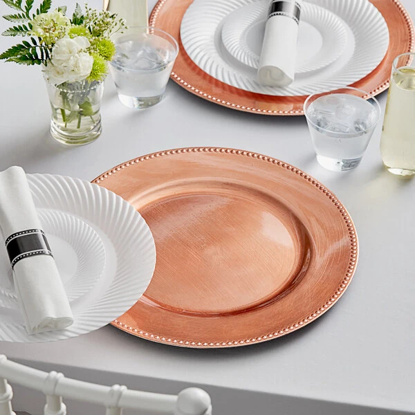 Choice 13" Round Rose Gold / Copper Beaded Rim Plastic Charger Plate - 12/Case