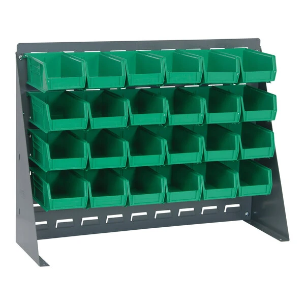 Quantum 27 3/4" x 8" x 21" Gray Steel Bench Rack with (24) 7 3/8" x 4 1/8" x 3" Green Bins QBR-2721-220-24GN
