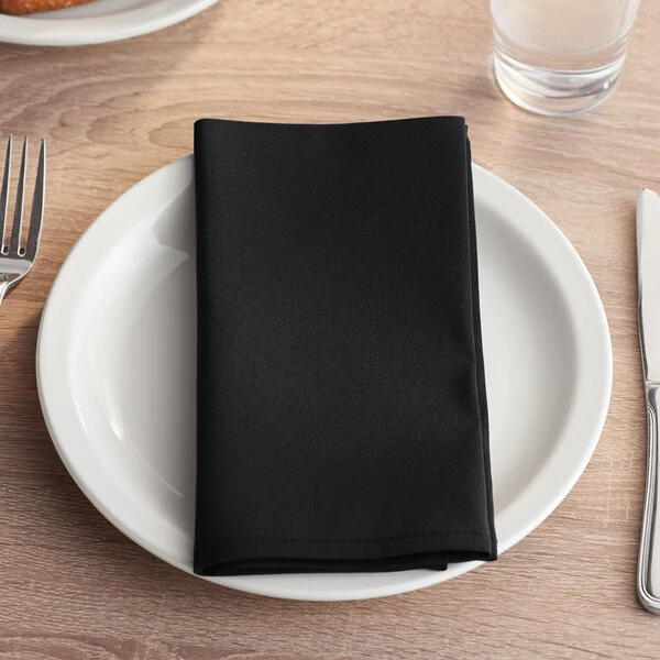 Choice 18" x 18" Black 100% Spun Polyester Hemmed Cloth Napkins - 12/Pack