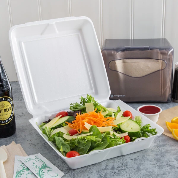 Dart 95HT1R 9 1/2" x 9" x 3" White Foam Square Take Out Container with Hinged Lid - 200/Case