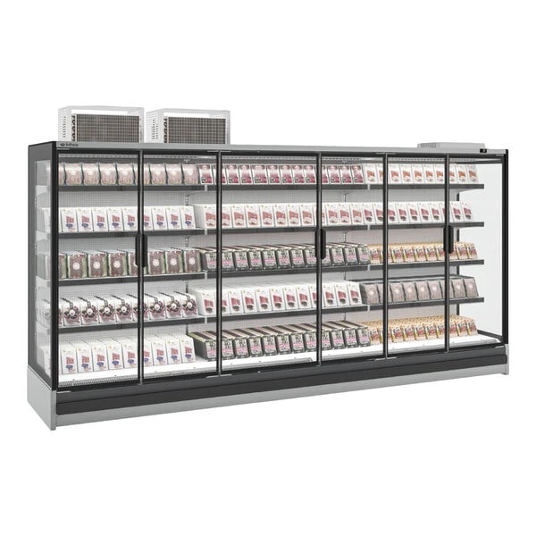 Infrico IAG-ML25DGUM1 98 3/8" Epoxy-Painted Steel Refrigerated Glass Door Merchandiser with Four Shelf Rows and LED Lighting