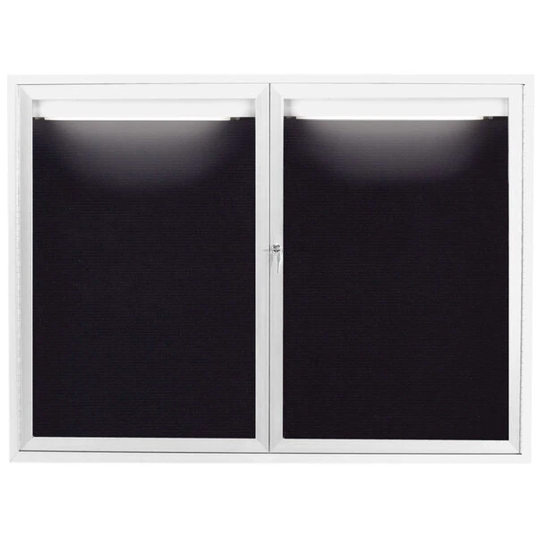 Aarco ADC4860IW 48" x 60" Enclosed Hinged Locking 2 Door Powder Coated White Aluminum Indoor Lighted Message Center with Black Letter Board