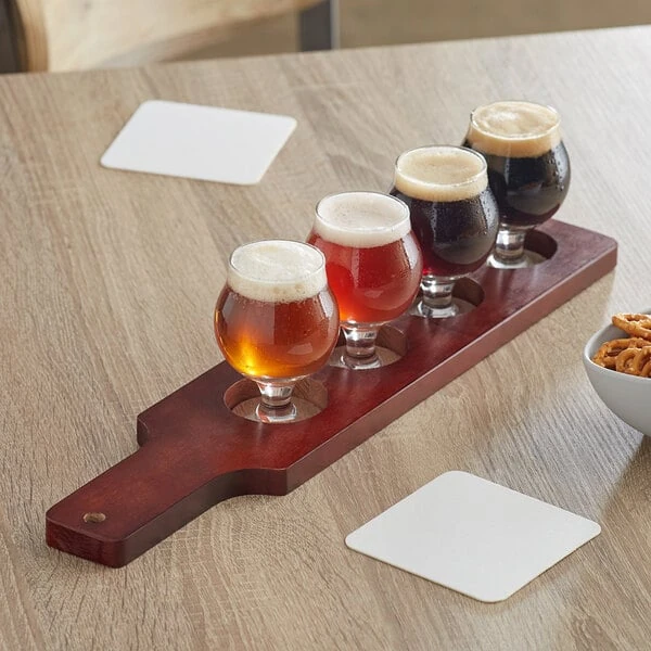 Acopa Mahogany Finish Drop-In Flight Paddle with Belgian Tasting Glasses - 3/Set
