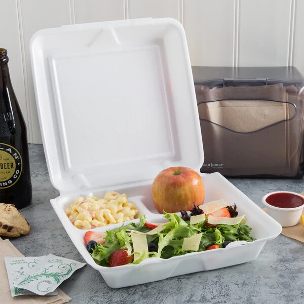 Dart 95HT3R 9 1/2" x 9" x 3" White Foam Three-Compartment Square Take Out Container with Hinged Lid - 200/Case