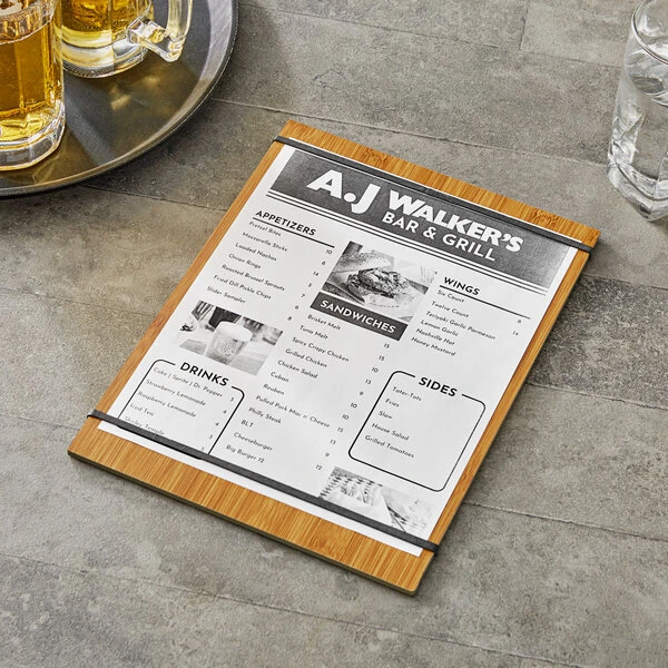 Choice 9" x 12 1/2" Customizable Natural Wood Color Menu Holder / Presenter with Straps