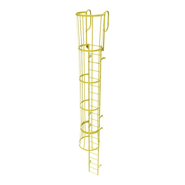 Tri-Arc 21-Rung Yellow Steel Fixed Ladder with Safety Cage and Walk-Thru Guardrails WLFC1221-Y - 350 lb. Capacity