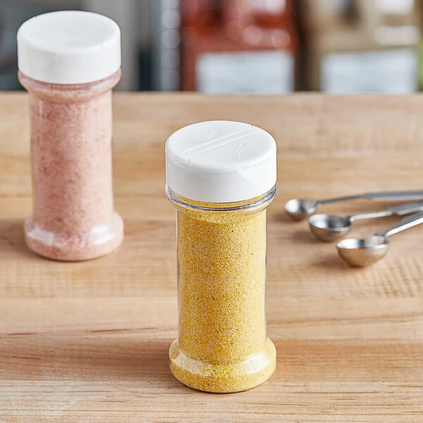 7 oz. Round Plastic Spice Container and 53/485 White Induction-Lined Dual Flapper Lid with 3 Holes - 300/Case