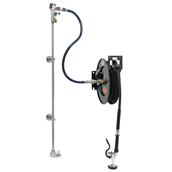 Equip by T&S 5HR-232-01XE2 35' Open Hose Reel System with Single Temperature Wall Mount Base Faucet, Multi-Fit Wall Bracket, and High Flow Spray Valve