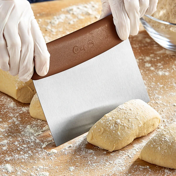 Choice 6 1/4" x 3" High Carbon Stainless Steel Dough Cutter / Bench Scraper with Brown Handle