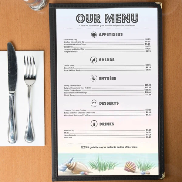 Choice 8 1/2" x 14" Menu Paper - Seafood Themed Coral Design Middle Insert - 100/Pack