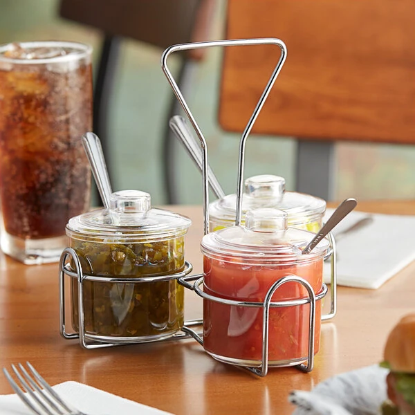 Choice 3-Compartment Wire Condiment Caddy with (3) 7 oz. Clear Plastic Jars with Lids