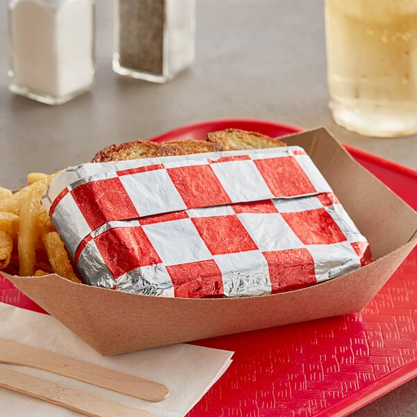 Bagcraft 10 1/2" x 14" Red / Silver Checker Insulated Honeycomb Foil Sandwich Wrap - 500/Pack